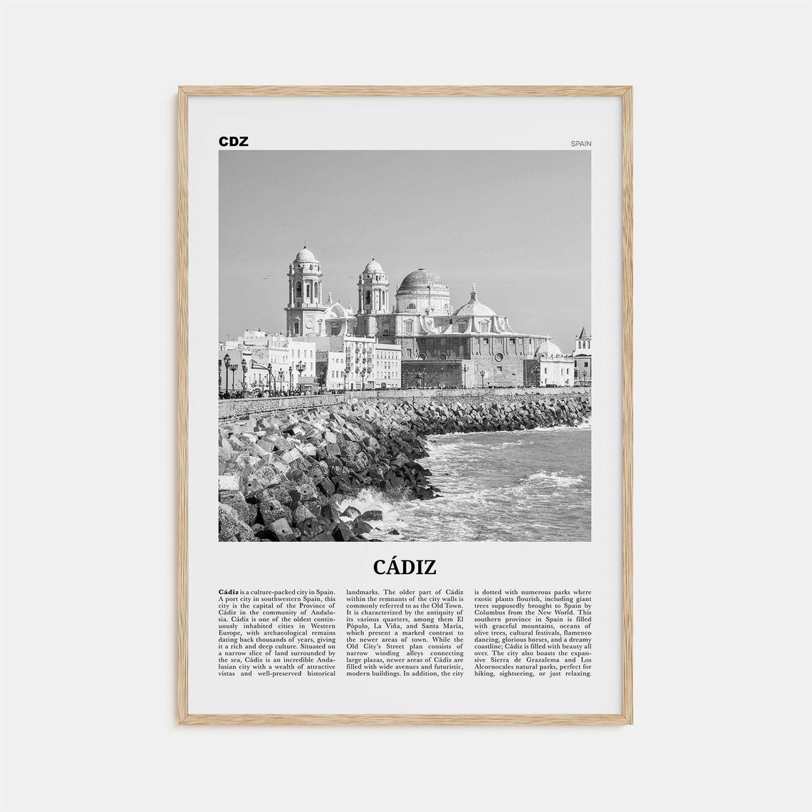 Cadiz Black and White Travel Poster, Andalucia Spain