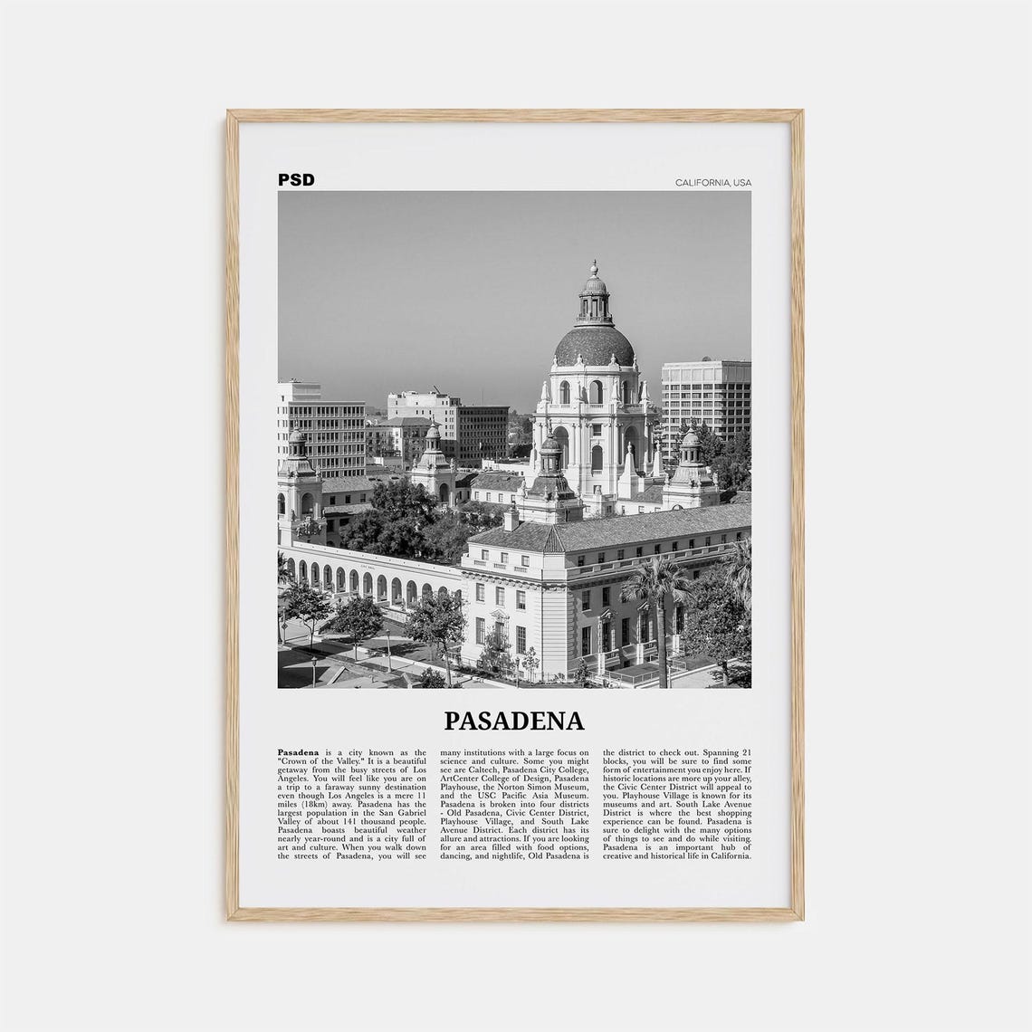 Pasadena Black and White Travel Poster, California