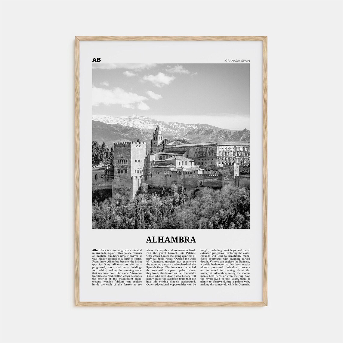 Alhambra Black and White Travel Poster, Granada Spain