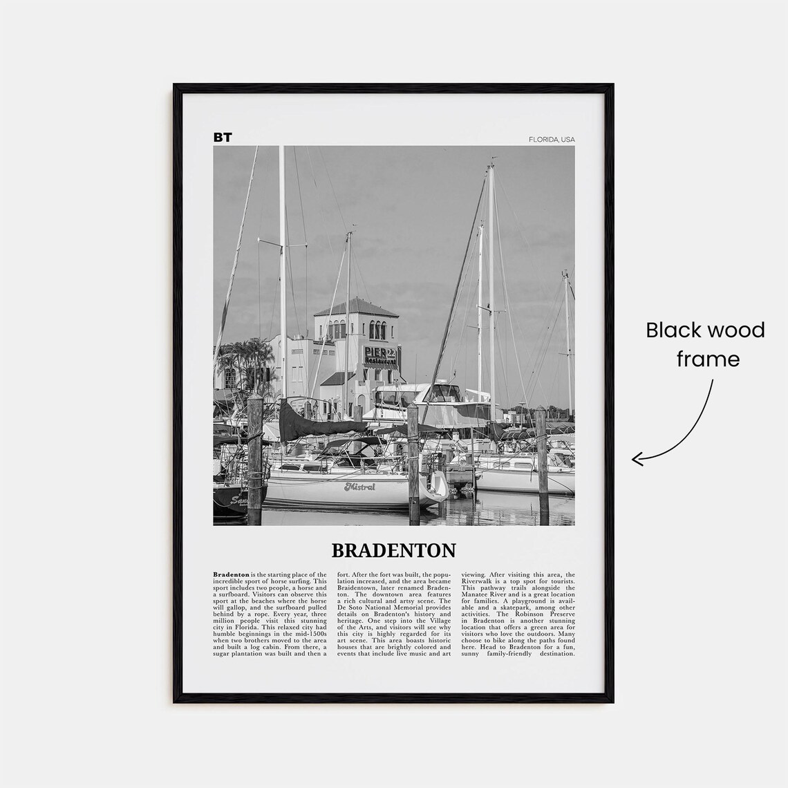 Bradenton Black and White Travel Poster, Florida Map - Image 3