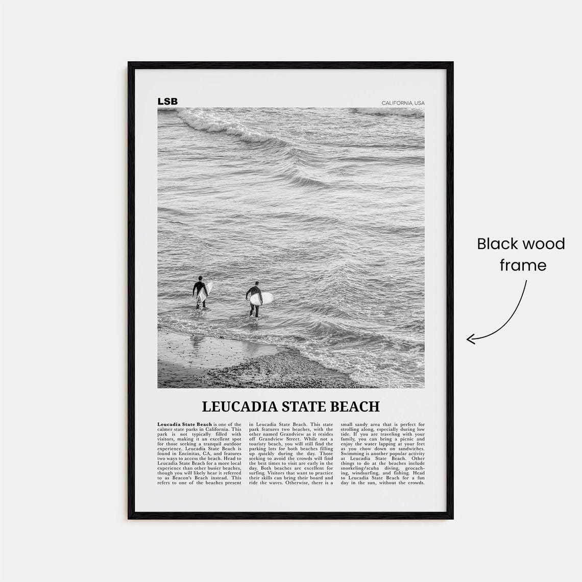 Leucadia State Beach Black and White Travel Poster - Image 3
