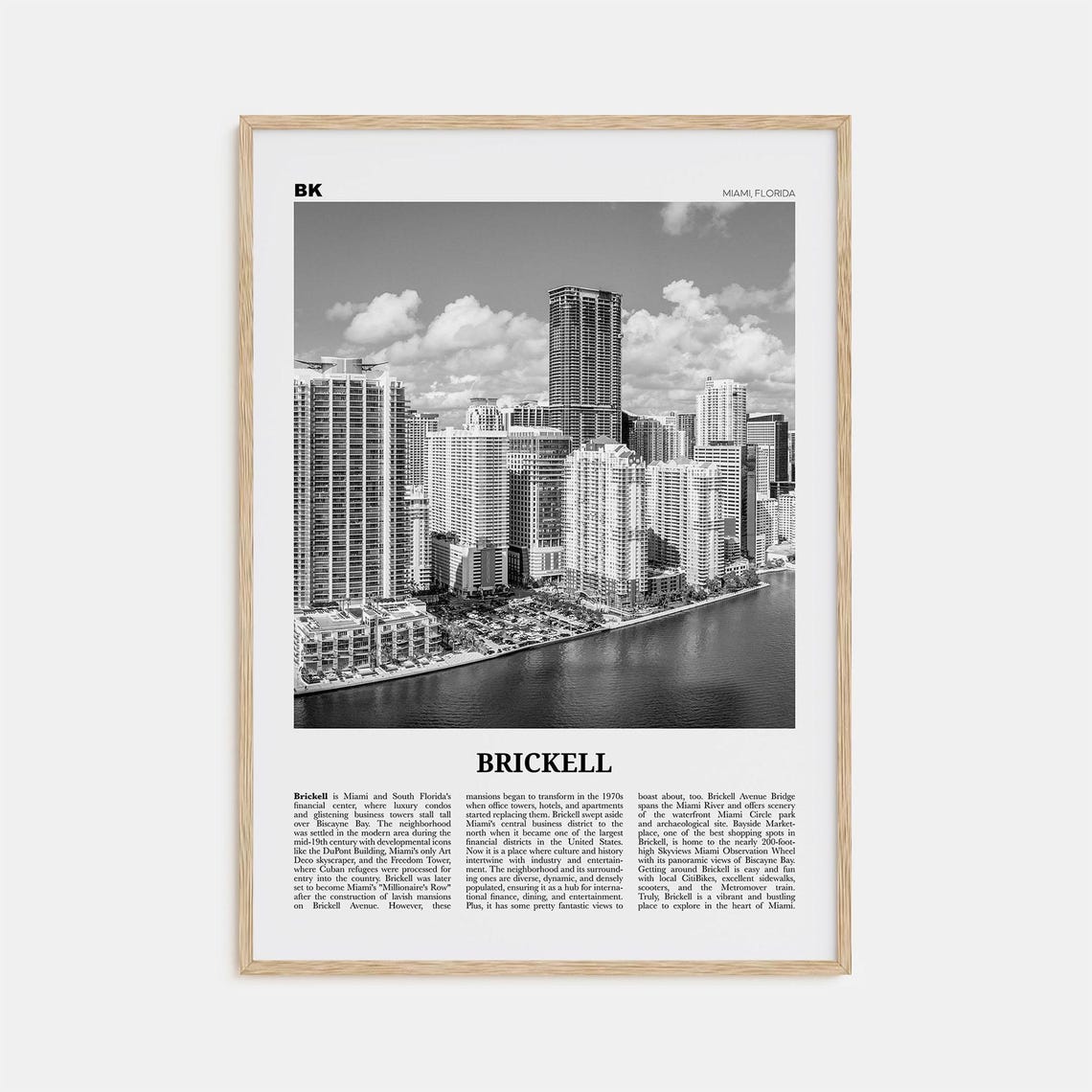 Brickell Black and White Map, Miami Florida Art Print