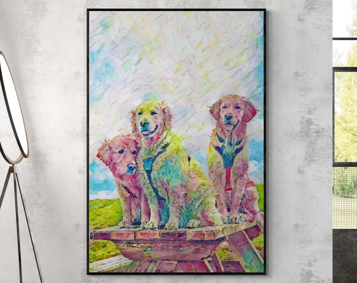 Three Golden Retrievers on a Picnic Table Watercolor Dog Print