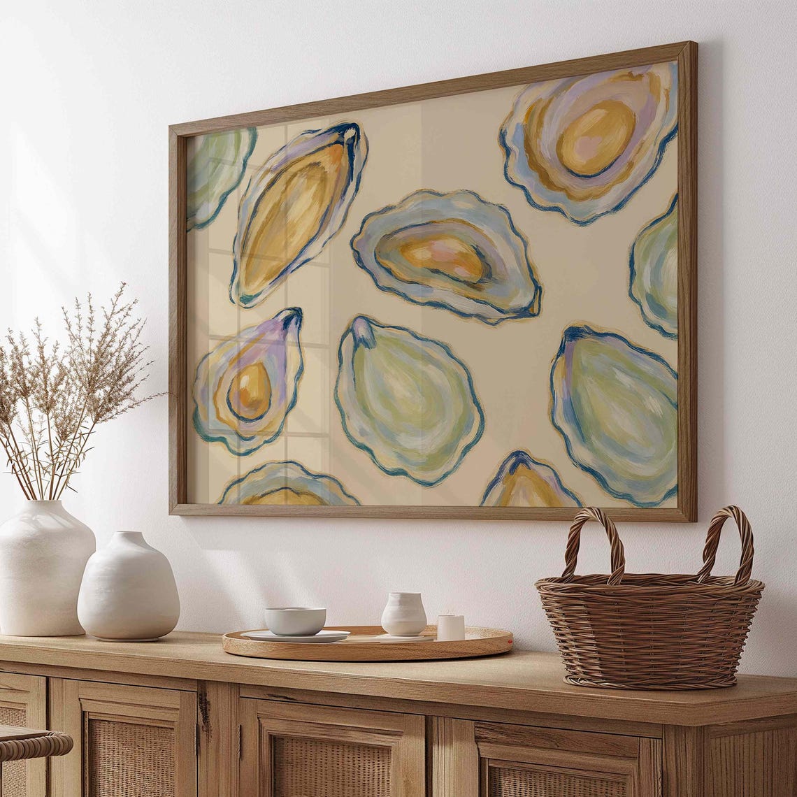 Pastel Oyster Shells Bohemian Coastal Oil Painting Modern Wall Art
