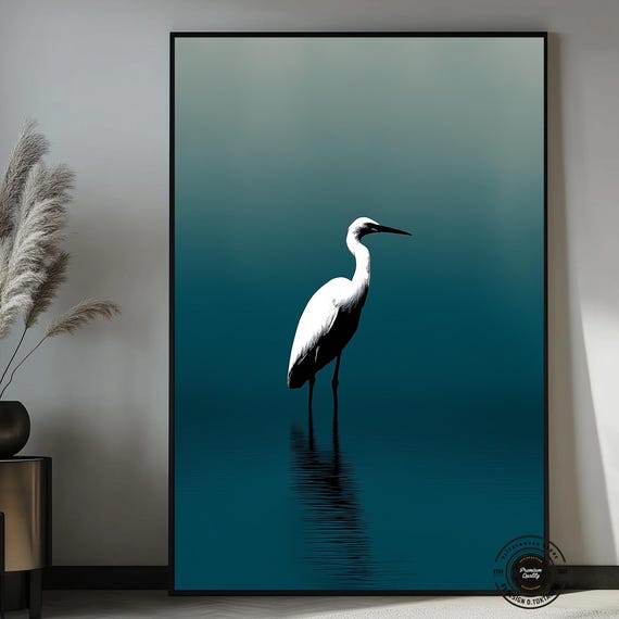 Minimalist Twocolor Logo Illustration Of A White Heron Standing In Blue Lake Canvas Wall Art
