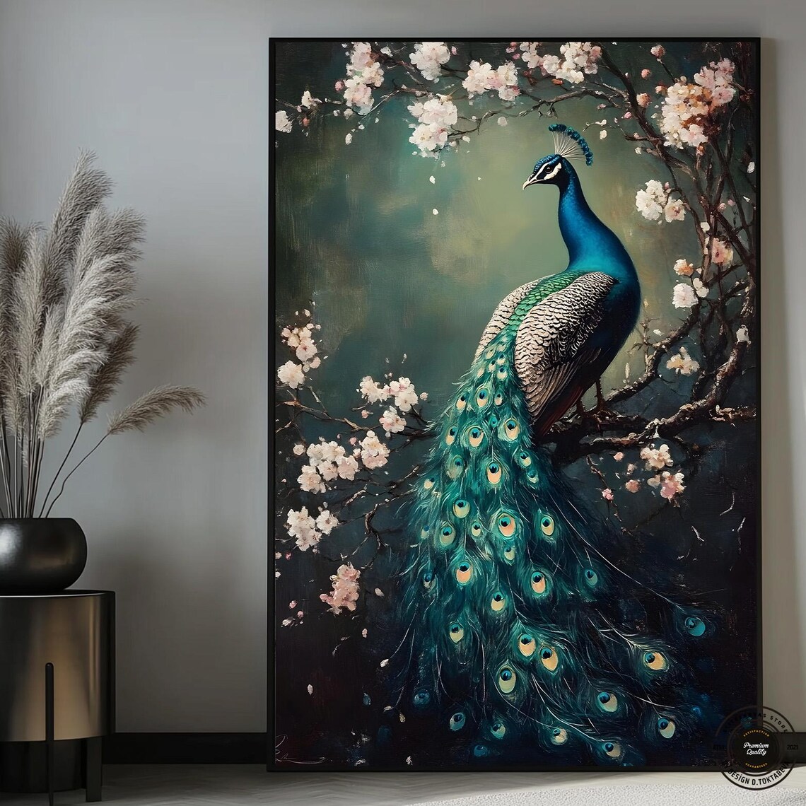Peacock Cherry Blossom Vintage Style Floral Bird Art Gift Poster