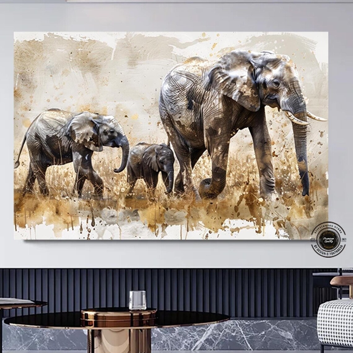 African Elephant Family Watercolor Golden Savanna Herd Poster