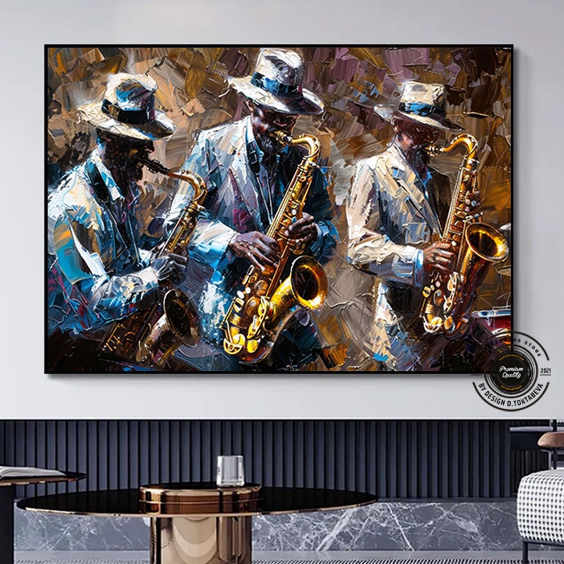 Three Saxophonists Jazz Band Impasto Oil Painting Music Poster