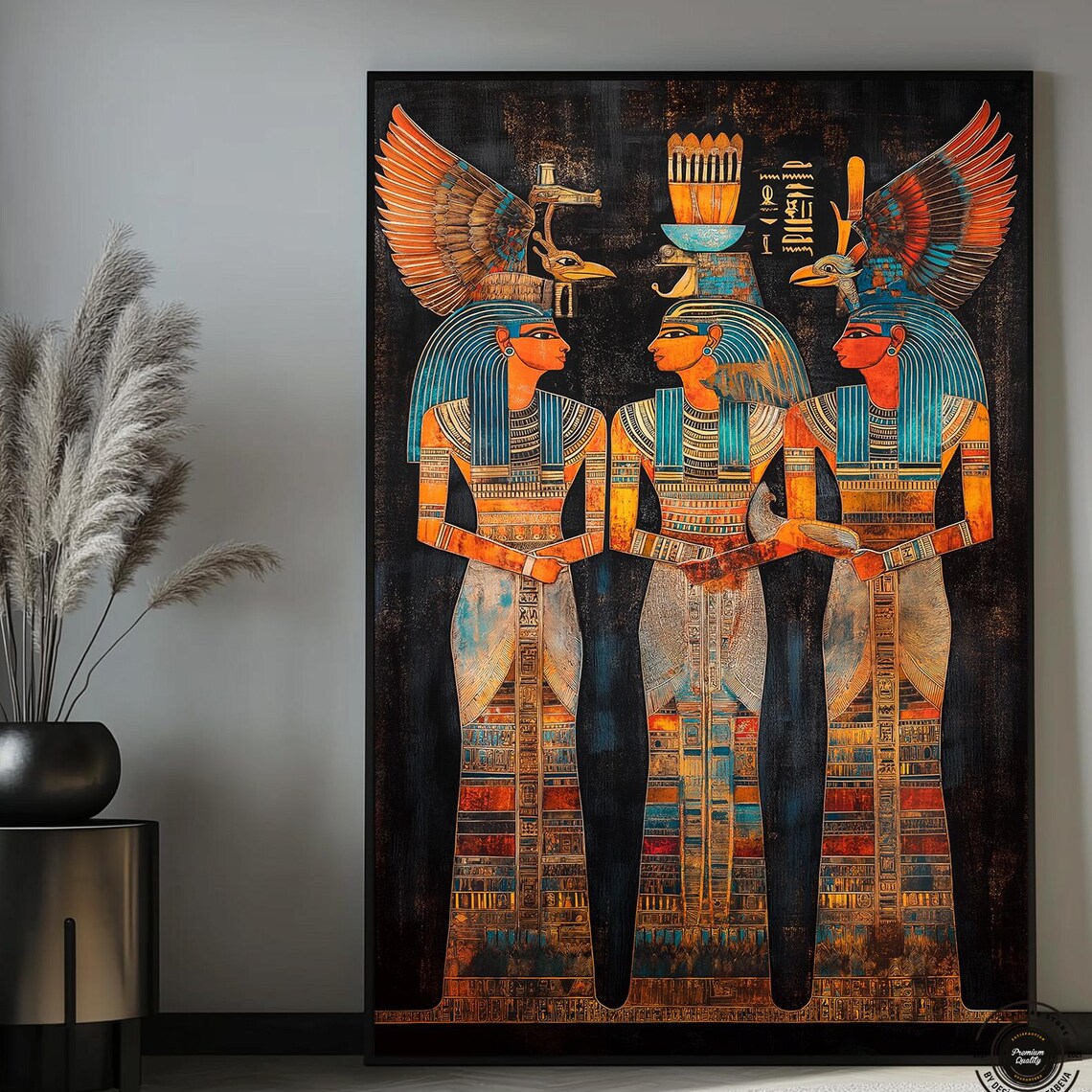 Three Ancient Egyptian Goddesses with Winged Crowns Gold and Teal Poster