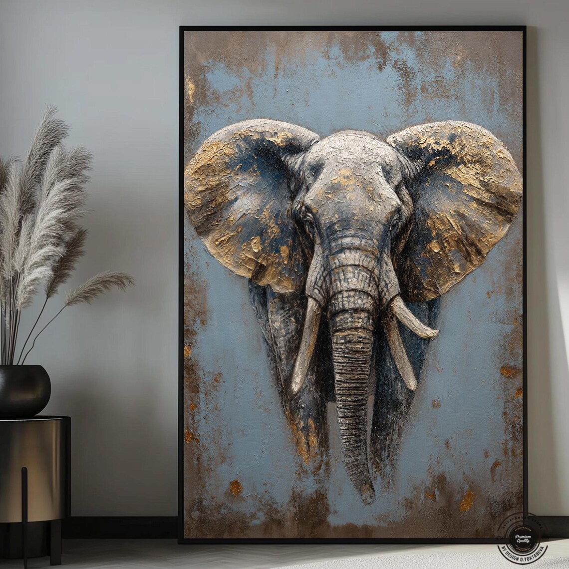 Majestic Elephant Front View in Gold and Blue Textured Oil Art Poster