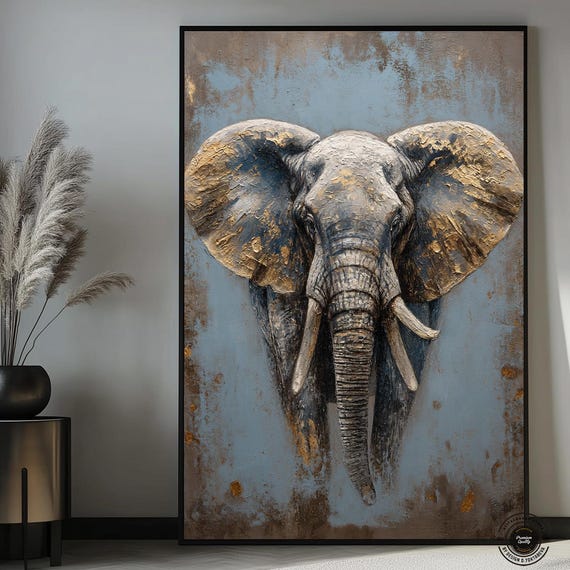 Golden Elephant Textured Art Majestic African Wildlife Wall Decor 3d Canvas Gold And Blue Animal Ready To Hang