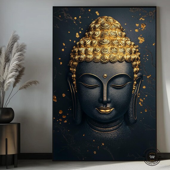 Golden Buddha Head Black Gold Leaf Spiritual Zen Art Gift Poster