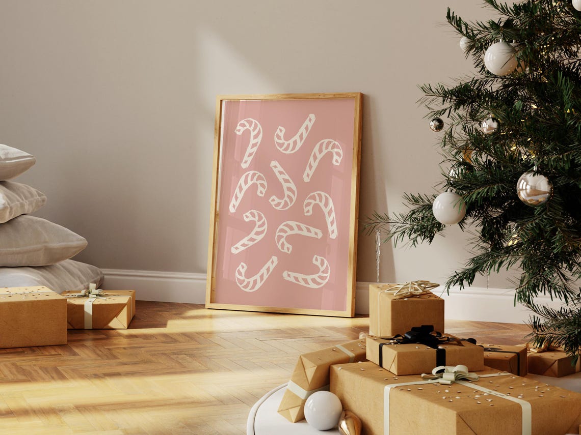 Pink Candy Cane Pattern Whimsical Scattered Christmas Poster - Image 2