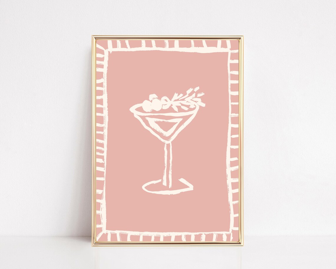 Blush Pink Martini Cocktail Glass Line Art Festive Bar Cart Poster - Image 3