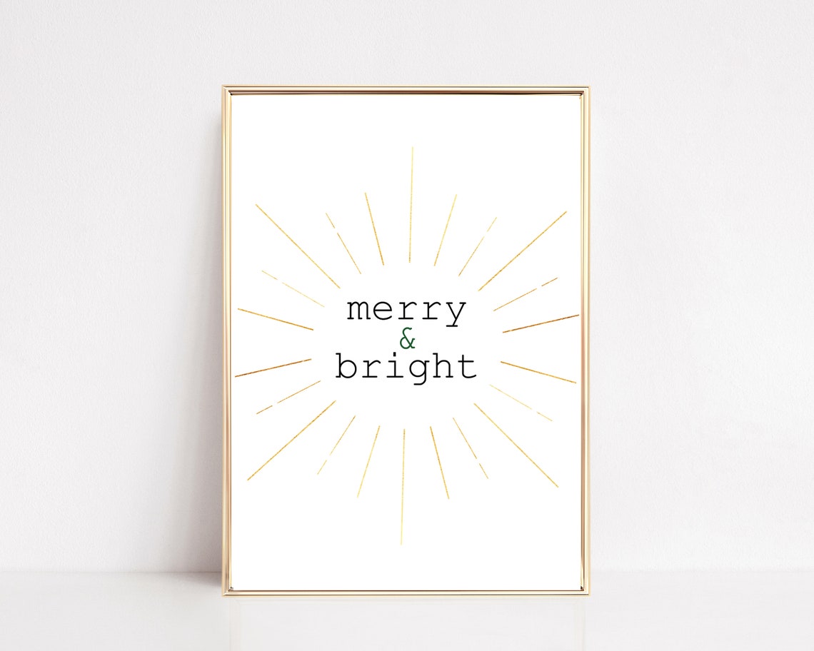 Merry And Bright Gold Sunburst Rays Christmas Holiday Quote Poster