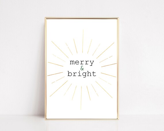 Merry And Bright Gold Sunburst Rays Christmas Holiday Quote Poster