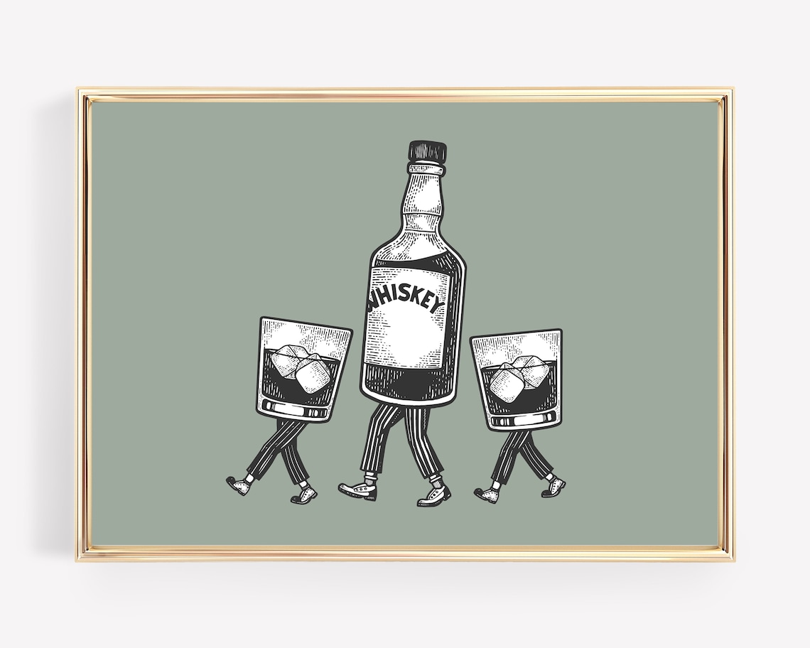 Whiskey Bar Cart Cocktail Art Print, Bar Decor