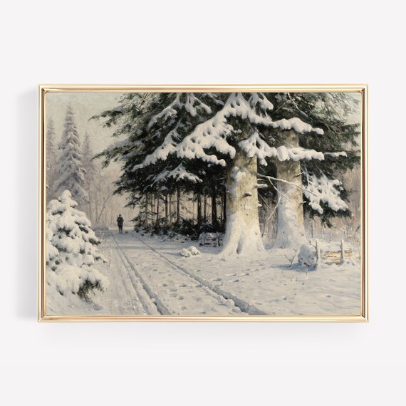 Snowy Pine Forest Road In Winter Vintage Oil Painting Wall Art