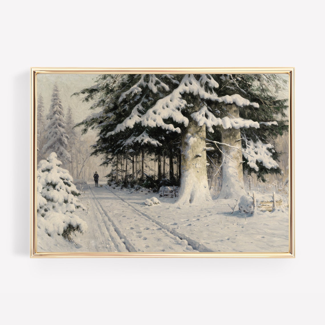 Snowy Pine Forest Road In Winter Vintage Oil Painting Wall Art
