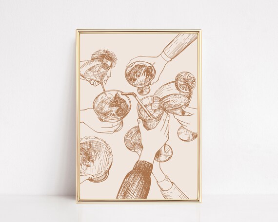 Retro Cocktail Toast Cheers Vintage Line Art Bar Cart Wall Art