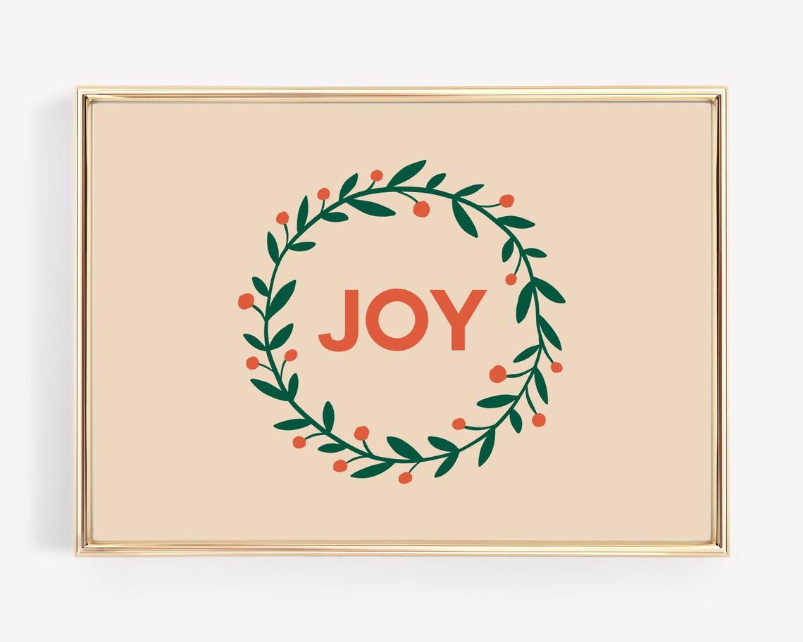Joy Wreath With Red Berries On Soft Peach Holiday Greeting Art Print