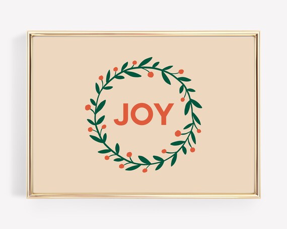 Joy Wreath With Red Berries On Soft Peach Holiday Greeting Art Print