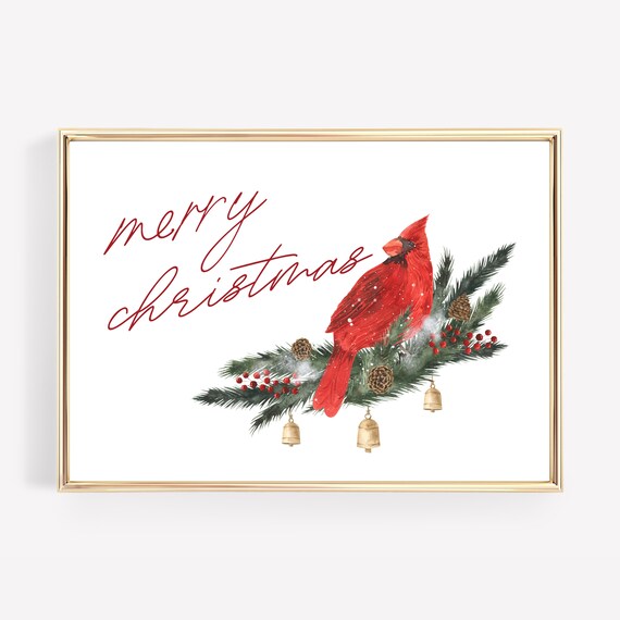 Merry Christmas Cardinal Watercolor Print for Bird Lover Holiday Wall Decor