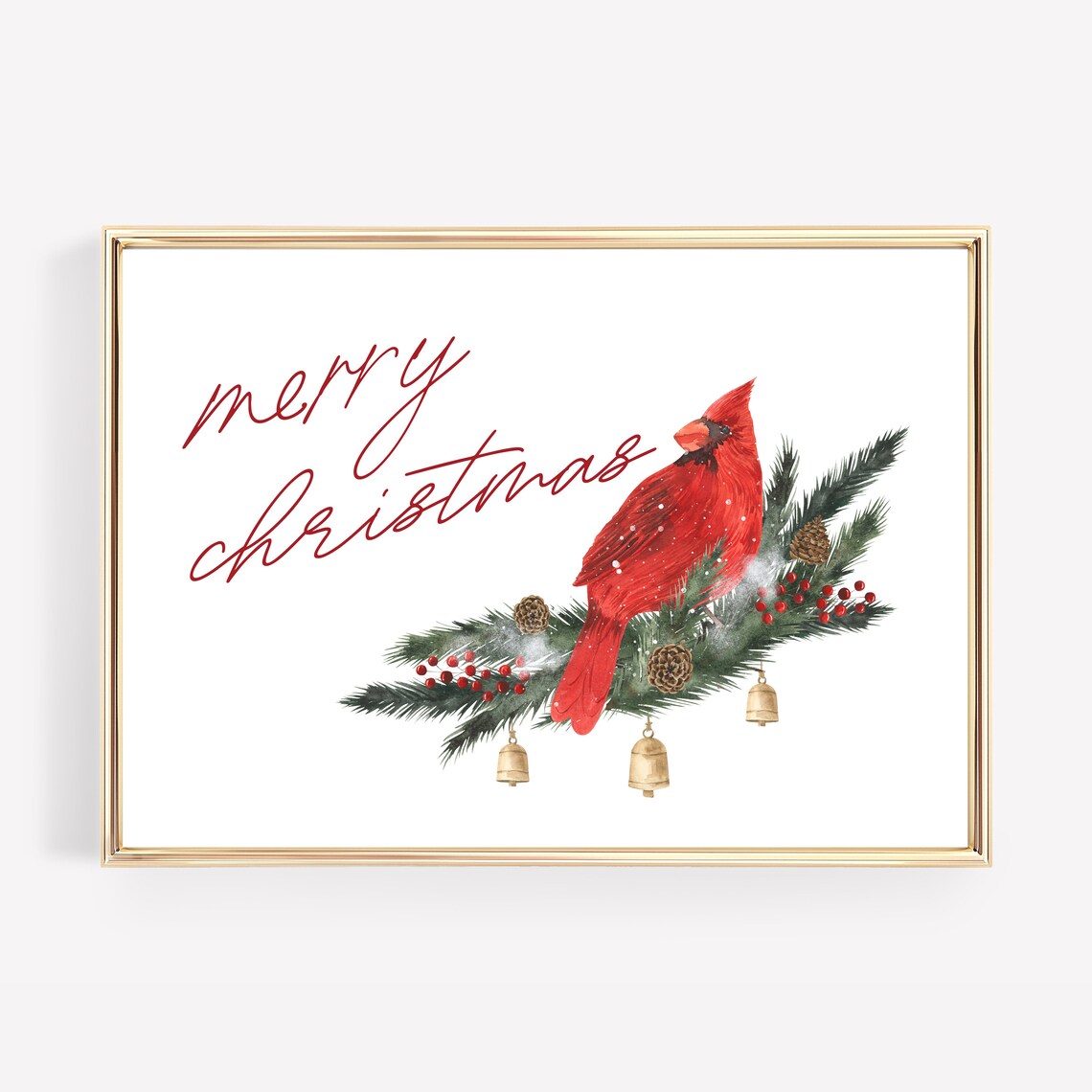 Merry Christmas Cardinal Watercolor Print for Bird Lover Holiday Wall Decor