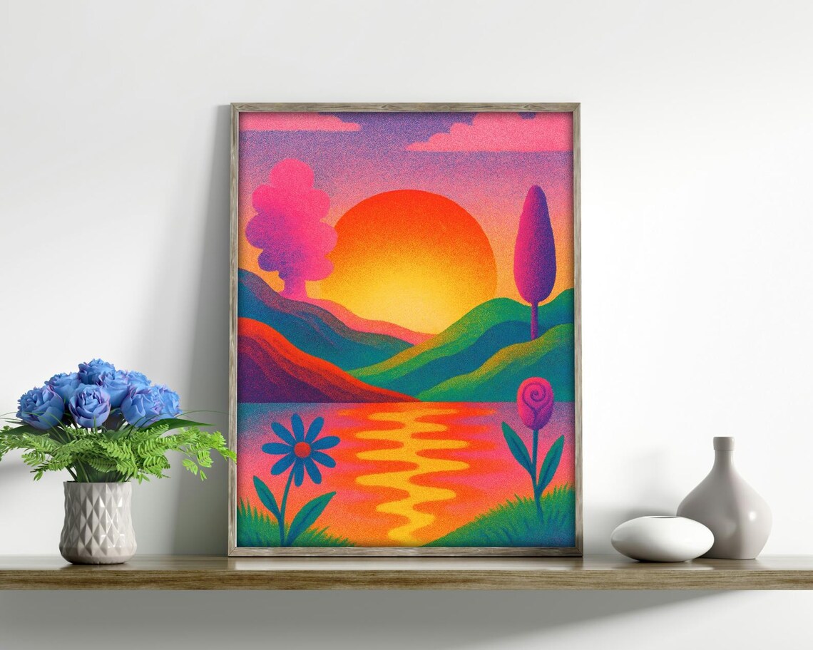 Whimsical Retro Sunset Landscape, Pop Art Print - Image 2