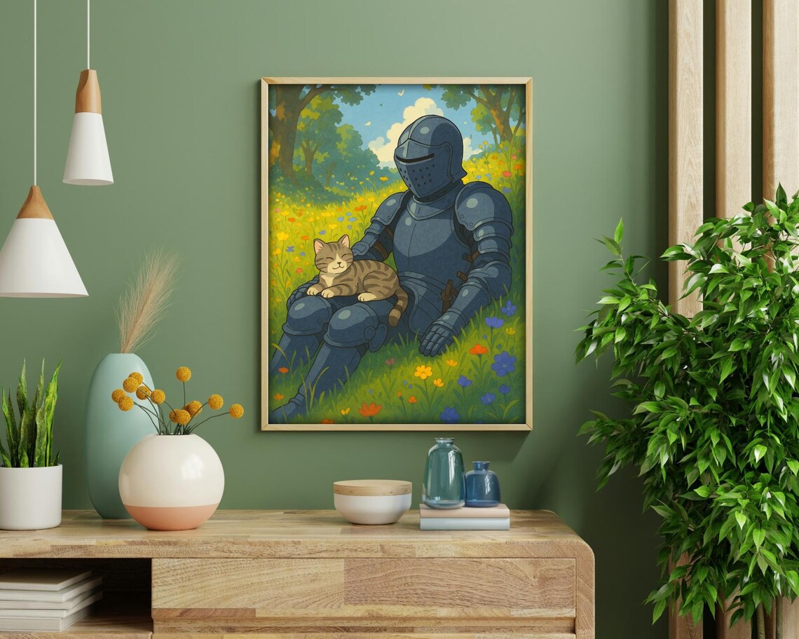 Knight & Cat in a Meadow - Painterly Fantasy Art