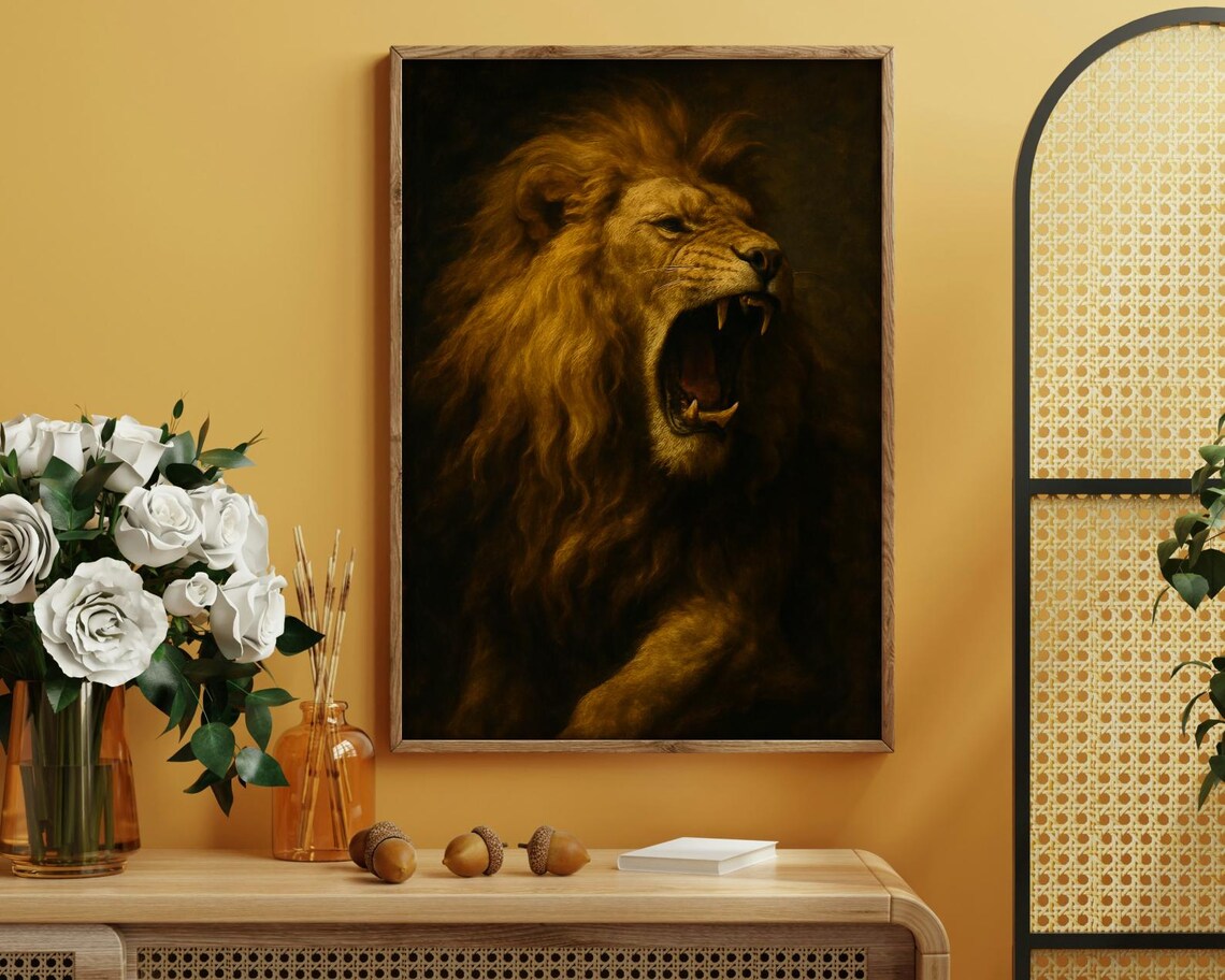 Majestic Roaring Lion Portrait, Vintage Animal Art Print