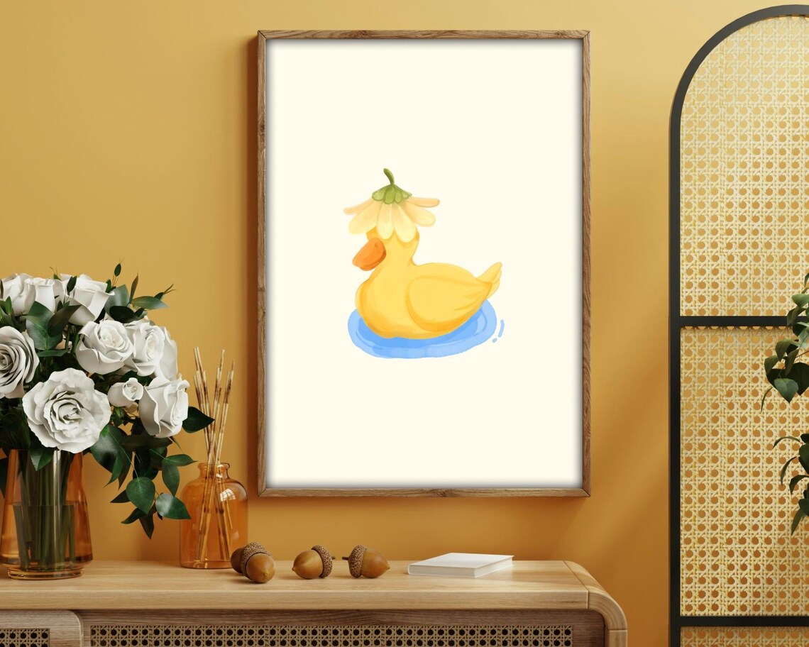 Cute Duck With Flower Hat, Playful Nursery Art