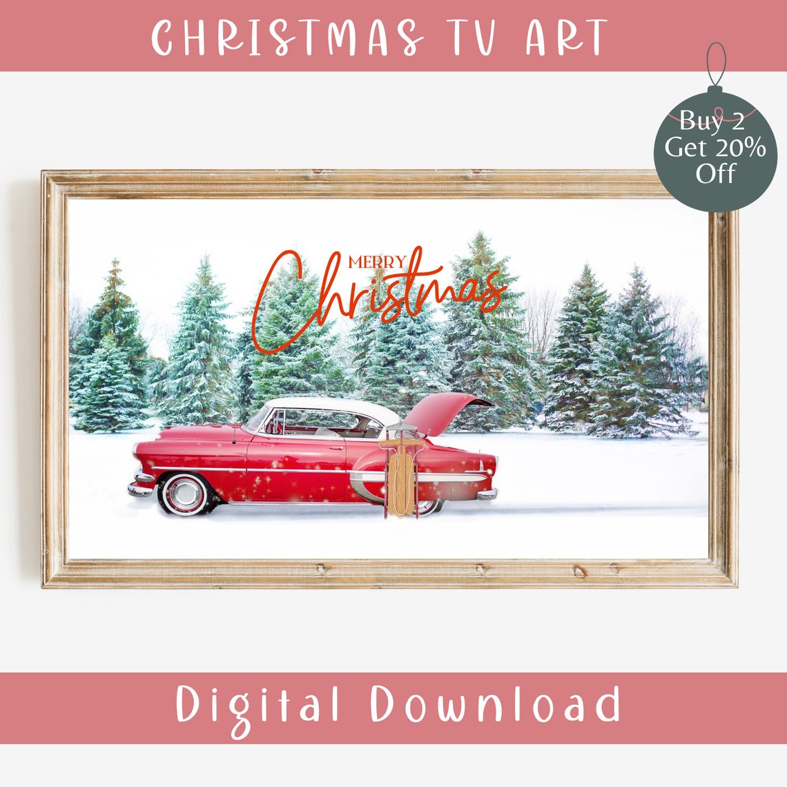 Merry Christmas Vintage Red Car Snowy Pines Frame TV Art Winter Print - Image 2