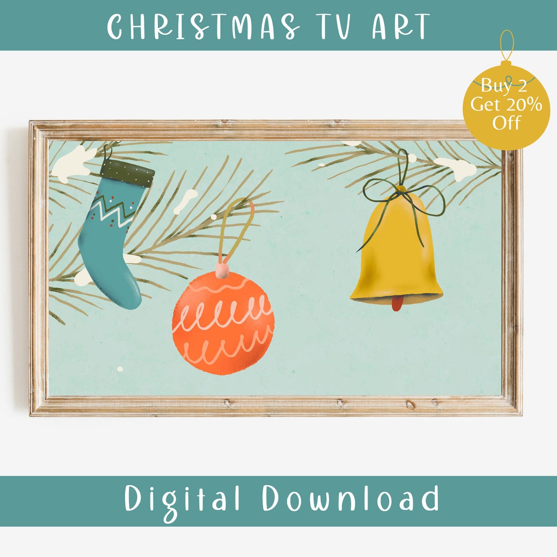 Cute Christmas Ornaments Stocking Bell Bauble Pine Frame TV Art Print - Image 2