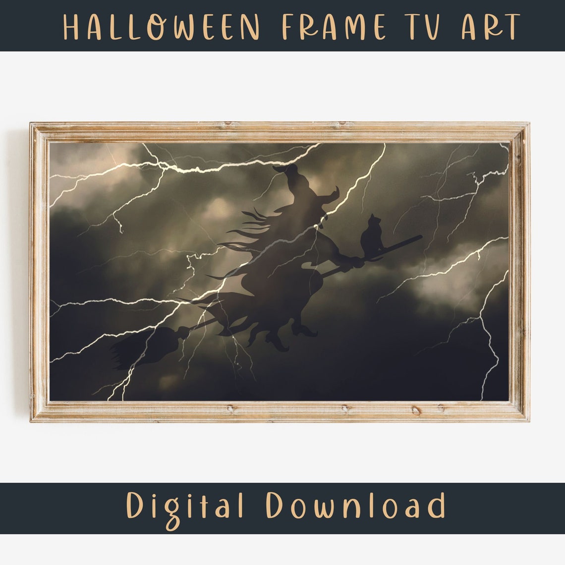 Witch Flying Broomstick Lightning Storm Halloween Frame TV Art Print - Image 2