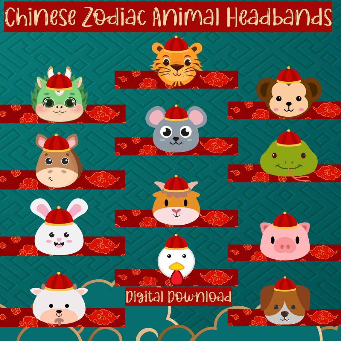 Chinese Zodiac Animal Headbands Paper Craft Kids Party Hat Print Set
