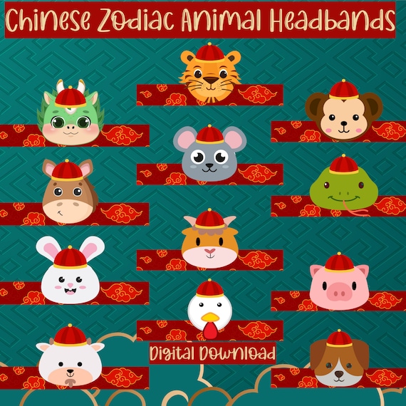 Chinese Zodiac Animal Headbands Paper Craft Kids Party Hat Print Set