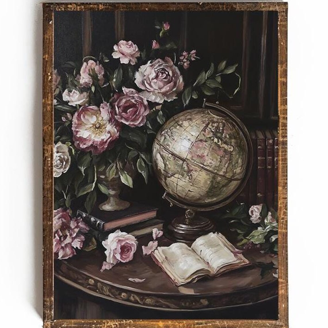 Vintage Globe With Pink Roses And Open Book Dark Academia Poster