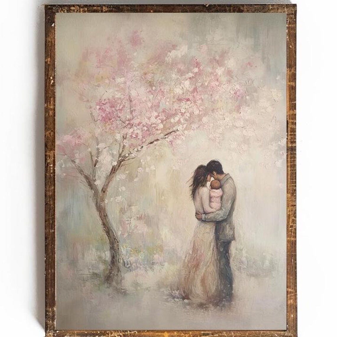 New Parents Embracing Baby Beneath Cherry Blossom Tree Art Poster