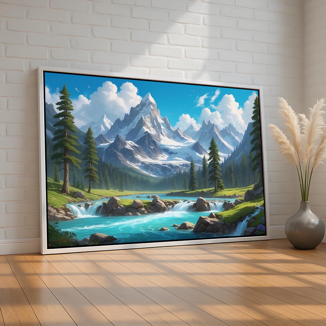 Majestic Snowy Mountain Peaks Turquoise River Alpine Landscape Poster