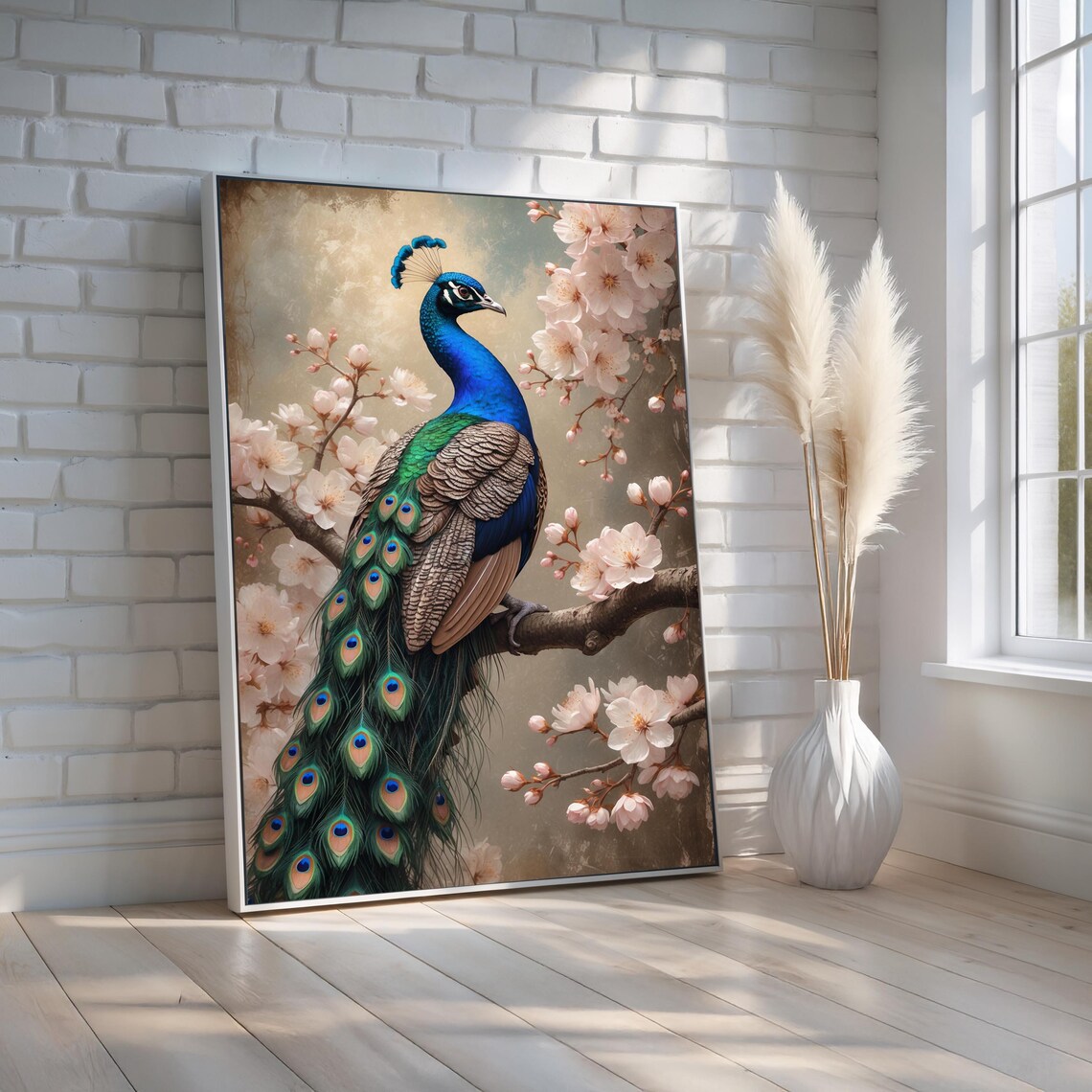 Elegant Peacock Perched on Cherry Blossom Branch Floral Bird Art Print