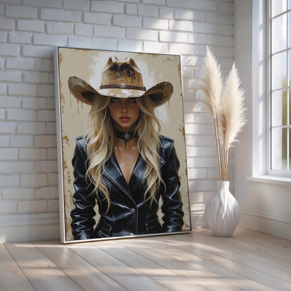 Cowgirl In Leather Wall Art Western Glam Portrait Canvas With Hat Attitude Bold Country Girl Decor For Home Or Salon Ready To Hang