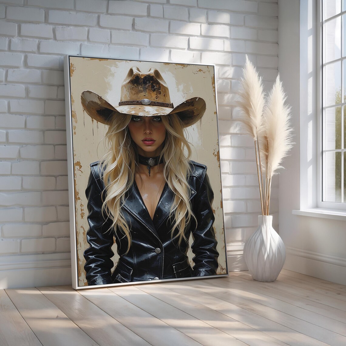 Cowgirl in Cowboy Hat Leather Jacket Western Glam Portrait Poster
