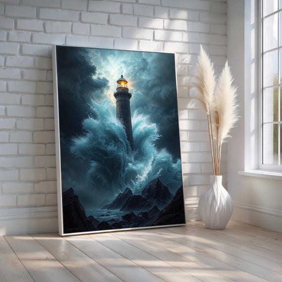 Stormy Lighthouse Canvas Wall Art Dramatic Ocean Waves Print Nautical Coastal Decor For Office Or Home Power Hope Ready To Hang