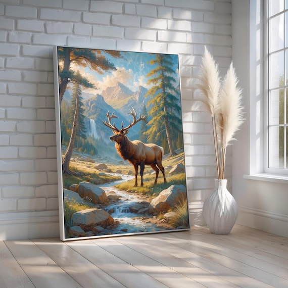Majestic Elk In Mountain Stream Portrait Wildlife Nature Wall Art Rustic Lodge Decor For Cabin Or Home Canvas Poster Ready To Hang