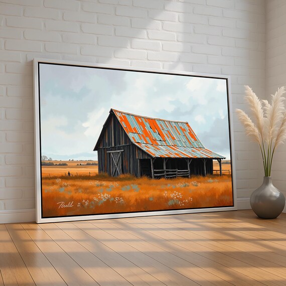Rustic Barn Vintage Farmhouse Field Tin Roof Painting Wall Art