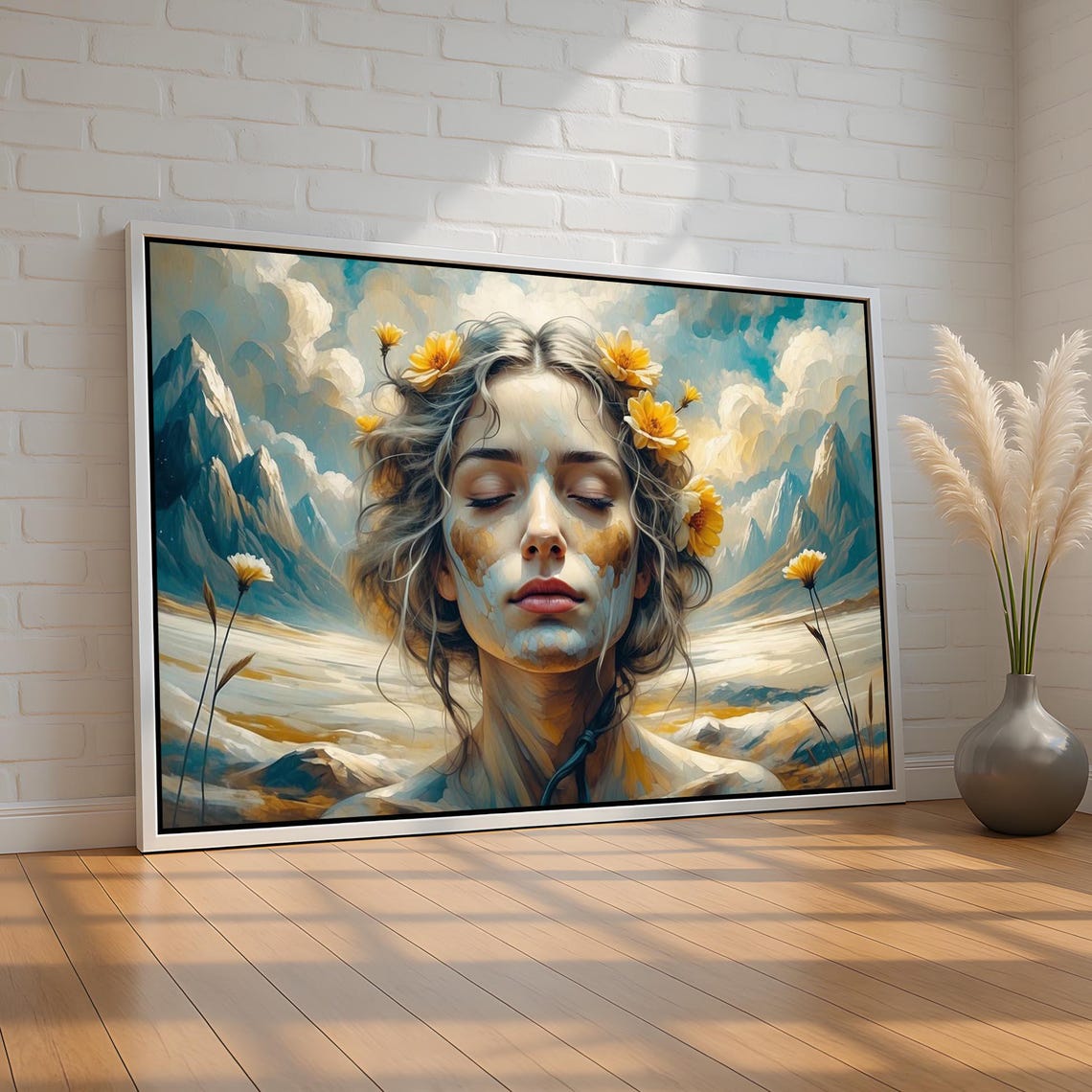 Surreal Woman Portrait Mountain Landscape Flowers Dreamy Art Poster