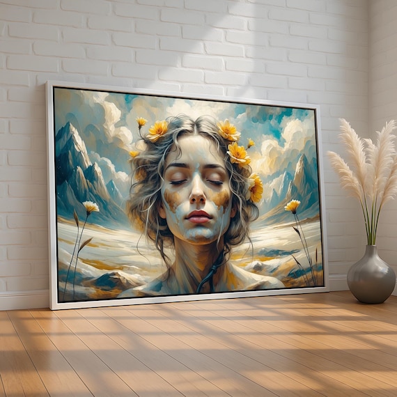 Surreal Woman Portrait Mountain Landscape Flowers Dreamy Art Poster