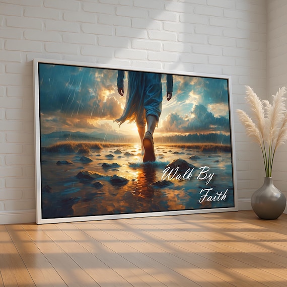 Walk By Faith Wall Art Christian Canvas With Rain Sunset Walking On Water Inspirational Scripture Decor For Home Ready To Hang