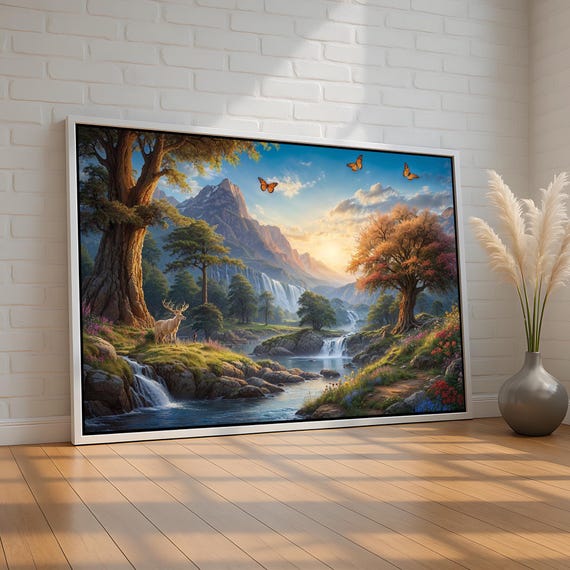 Heavenly Nature Landscape Canvas Peaceful Forest Waterfall Scene With Deer Butterflies Serene Wall Art For Home Ready To Hang